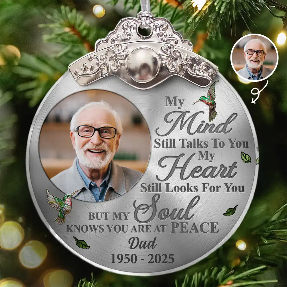 Sad,Memorial,Family,Parents,Gift For Grandparents,Christmas - Custom Photo Memorial My Mind Still Talks To You - Personalized Glass Ornament With Silver Cap