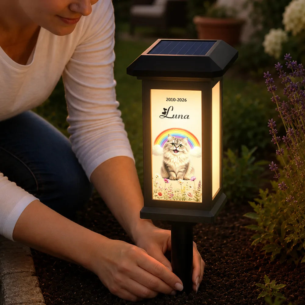 Christmas,Custom Photo,Sympathetic,Pet Lovers,Memorial,Remove BG Photo,Icon - Custom Photo Memorial Pet Flowers Rainbow Angel Wings - Personalized Solar Garden Light