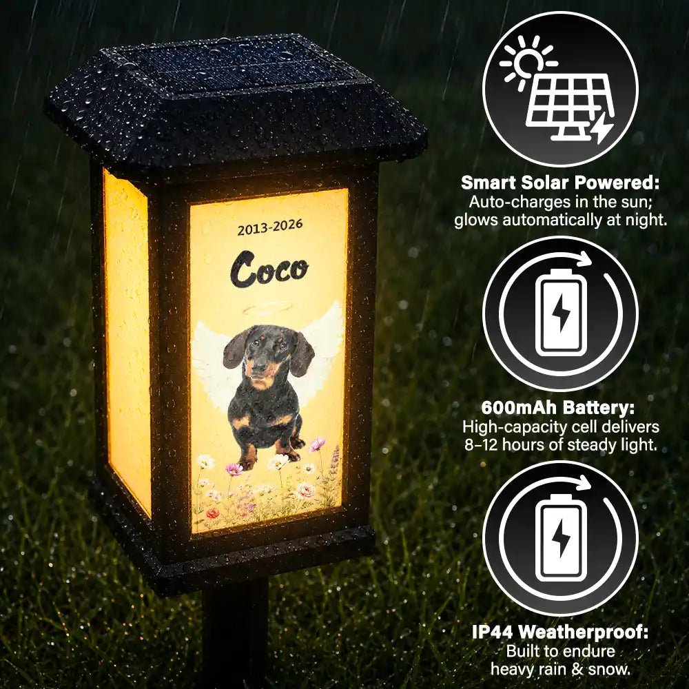 Christmas,Custom Photo,Sympathetic,Pet Lovers,Memorial,Remove BG Photo,Icon - Custom Photo Memorial Pet Flowers Rainbow Angel Wings - Personalized Solar Garden Light