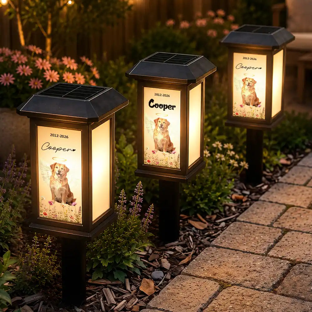 Custom Photo Memorial Pet Flowers Rainbow Angel Wings - Personalized Solar Garden Light