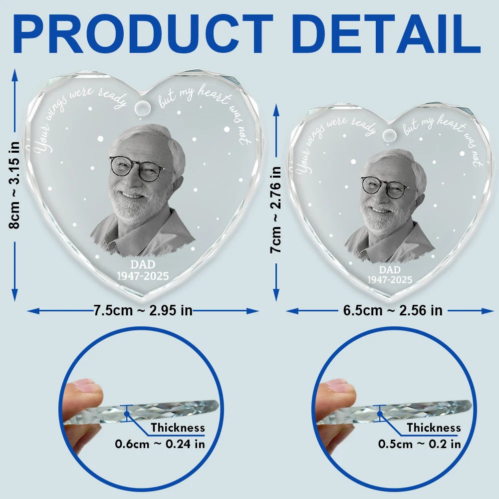 Christmas,Custom Photo,Memorial,Family,Sad - Custom Photo Memorial Your Wings Were Ready - Personalized Heart Shaped Glass Ornament