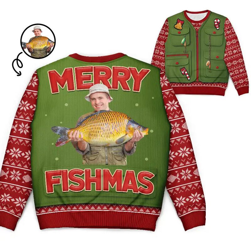 Fishing, Gift For Men, Christmas, Top Market, Happy - Custom Photo Merry Fishmas 3D Effect - Personalized Unisex Ugly Sweater