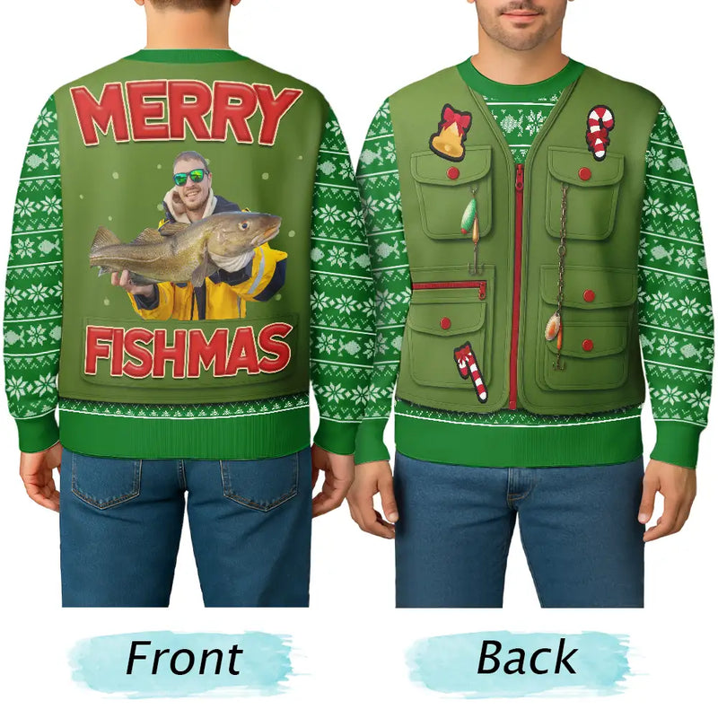 Fishing, Gift For Men, Christmas, Top Market, Happy - Custom Photo Merry Fishmas 3D Effect - Personalized Unisex Ugly Sweater