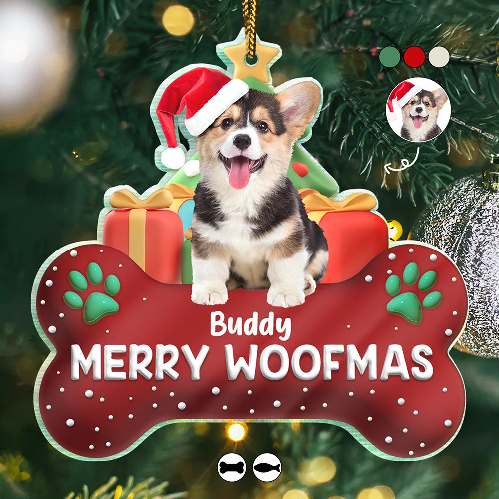 Custom Photo Merry Woofmas 3D Effect Dog Cat - Personalized Custom Shaped Acrylic Ornament
