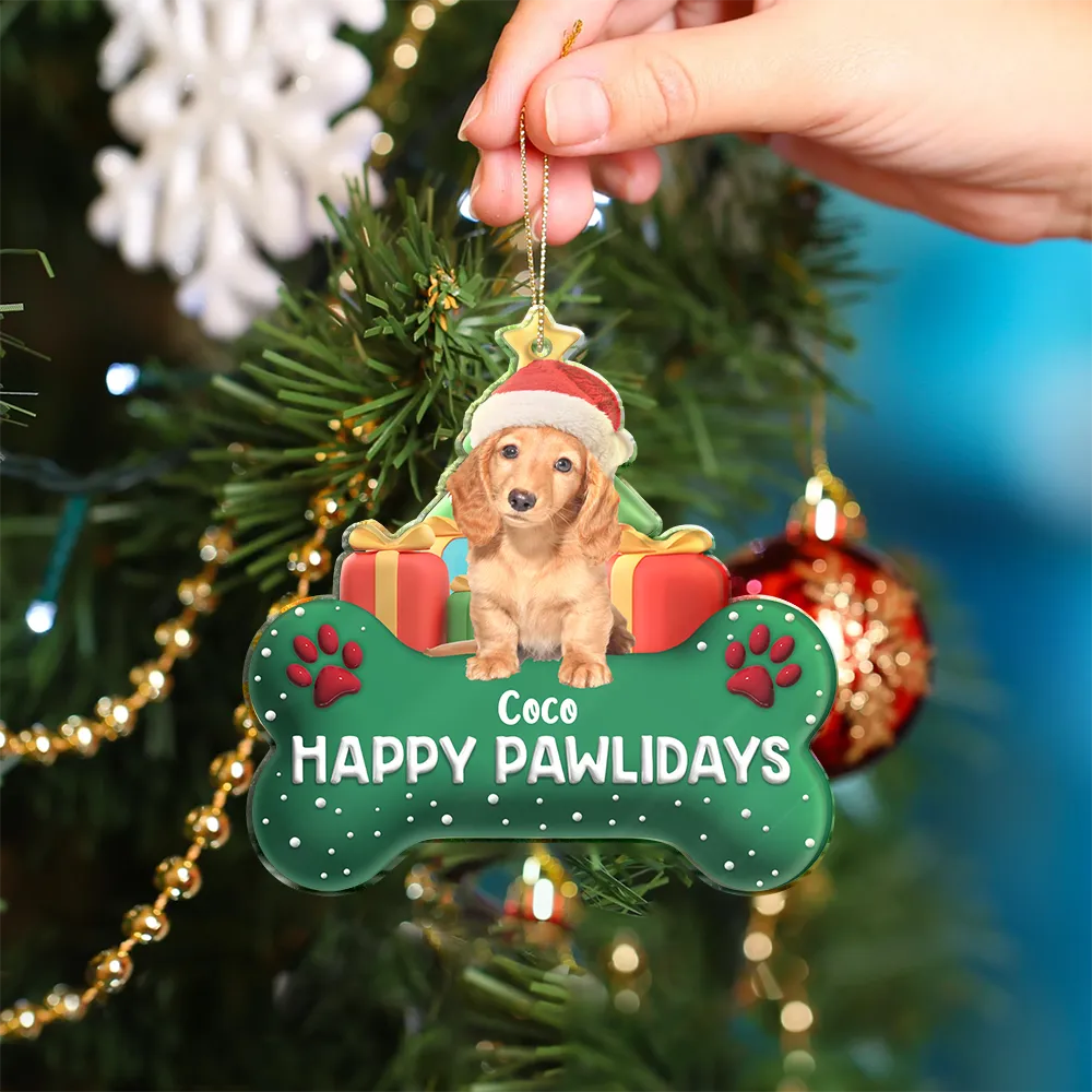 Happy, Dog Lovers, Pet Lovers, Cat Lovers, Christmas - Custom Photo Merry Woofmas 3D Effect Dog Cat - Personalized Custom Shaped Acrylic Ornament