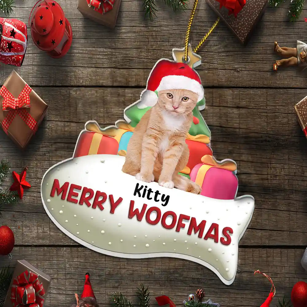 Happy, Dog Lovers, Pet Lovers, Cat Lovers, Christmas - Custom Photo Merry Woofmas 3D Effect Dog Cat - Personalized Custom Shaped Acrylic Ornament