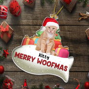 Happy, Dog Lovers, Pet Lovers, Cat Lovers, Christmas - Custom Photo Merry Woofmas 3D Effect Dog Cat - Personalized Custom Shaped Acrylic Ornament