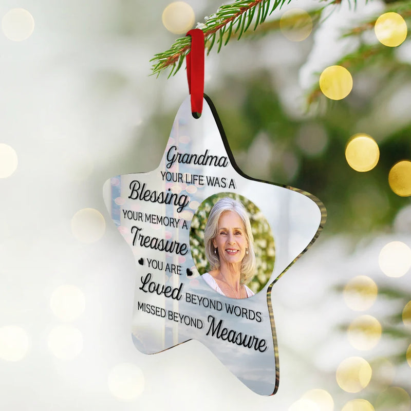 Sad,Memorial,Family,Parents,Gift For Grandparents,Christmas - Custom Photo Mom Dad Your Life Was A Blessing Memorial - Personalized Custom Shaped Mirror Ornament