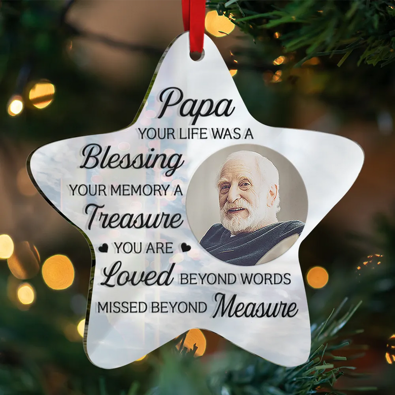 Sad,Memorial,Family,Parents,Gift For Grandparents,Christmas - Custom Photo Mom Dad Your Life Was A Blessing Memorial - Personalized Custom Shaped Mirror Ornament