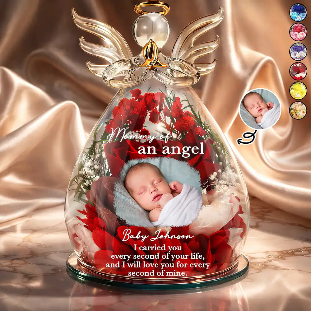 Custom Photo Mom Of An Angel - Personalized Flower In Glass Angel Figurine