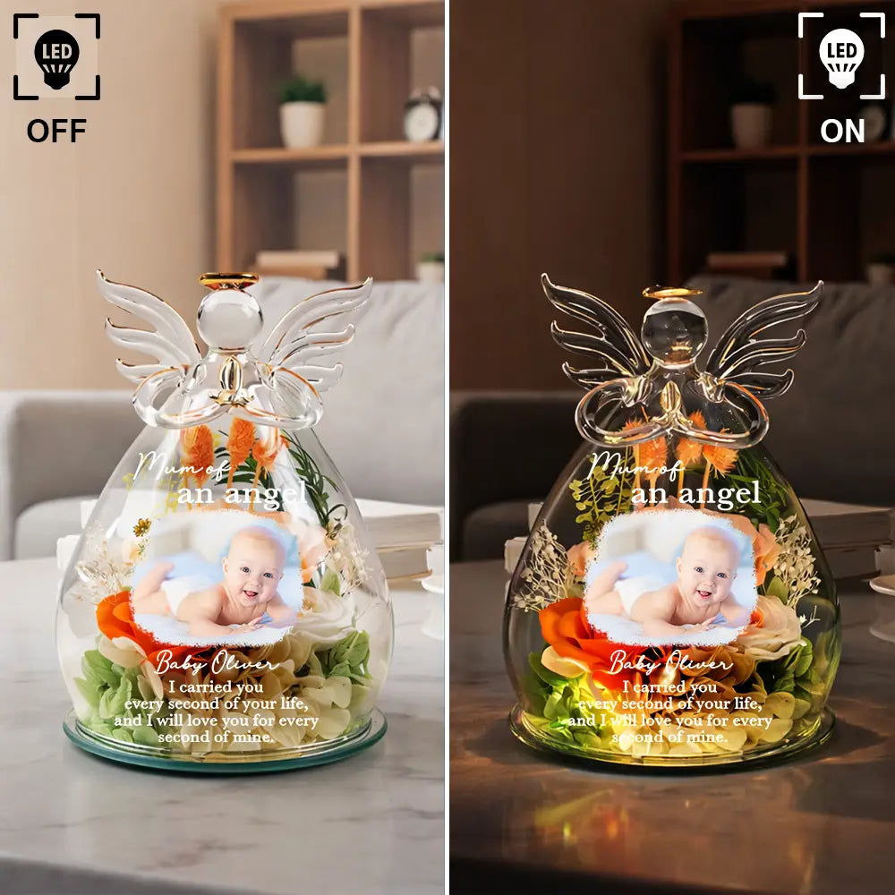 Custom Photo, Gift For Mother, Memorial, Sad - Custom Photo Mom Of An Angel - Personalized Flower In Glass Angel Figurine
