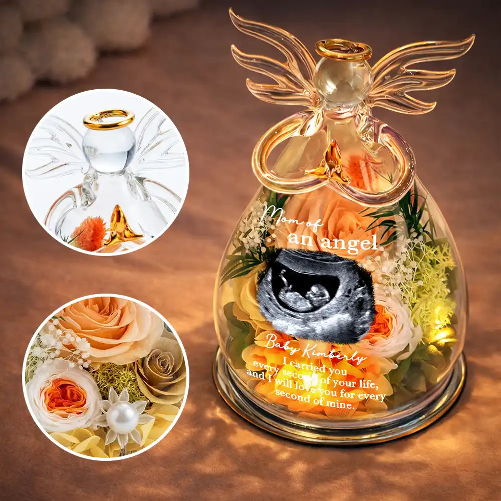Custom Photo, Gift For Mother, Memorial, Sad - Custom Photo Mom Of An Angel - Personalized Flower In Glass Angel Figurine