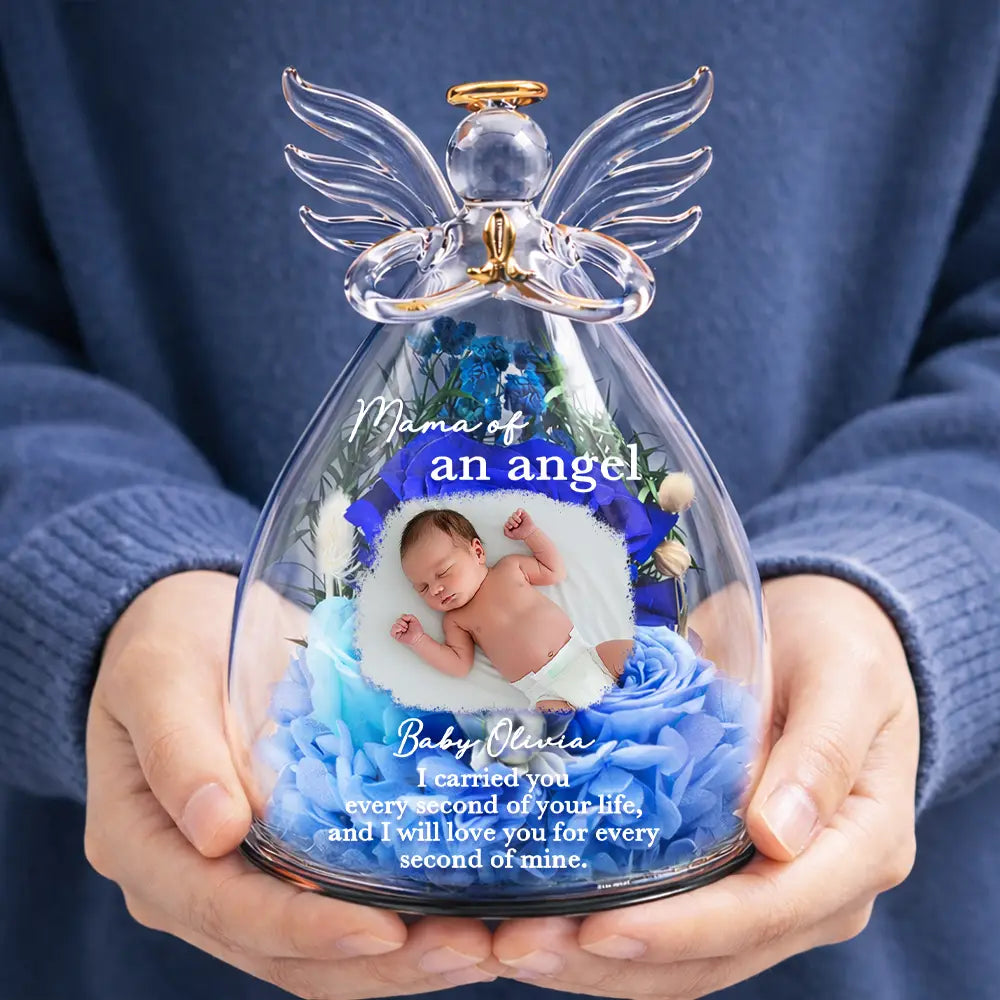 Custom Photo, Gift For Mother, Memorial, Sad - Custom Photo Mom Of An Angel - Personalized Flower In Glass Angel Figurine