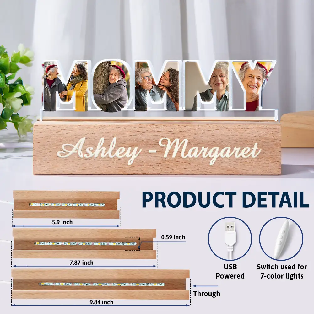 Gift For Mother,Gift For Grandma,Custom Photo,Love,Happy - Custom Photo Mommy Grandma Custom Kid Grandkid Name - Personalized Custom Shaped LED Light