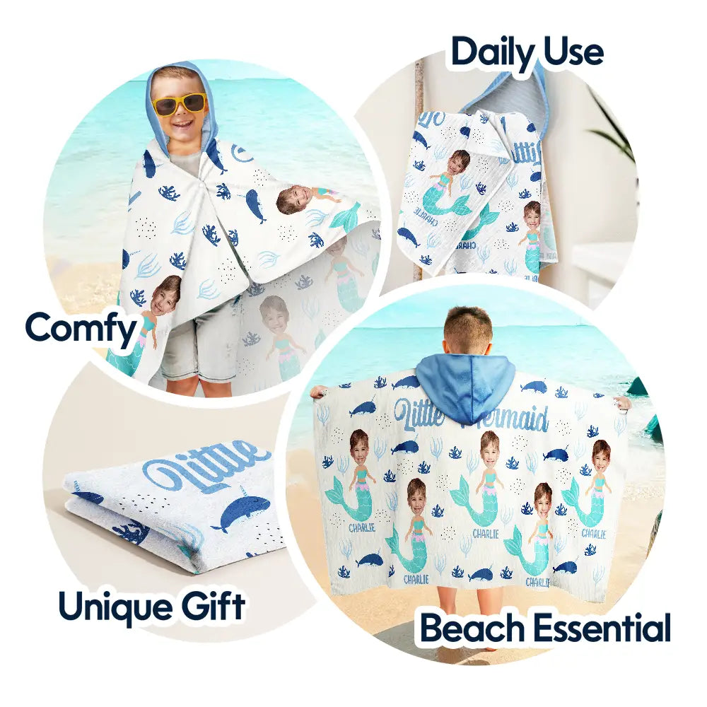 Happy, Summer, Gift For Kids, Beach - Custom Photo Mommy's Little Mermaid - Personalized Hooded Beach Towel