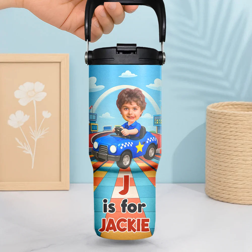 Gift For Kids,Gift For Grandkids,Happy,Back To School - Custom Photo Monogram Kid Toy Car - Personalized 30oz Tumbler With Handle