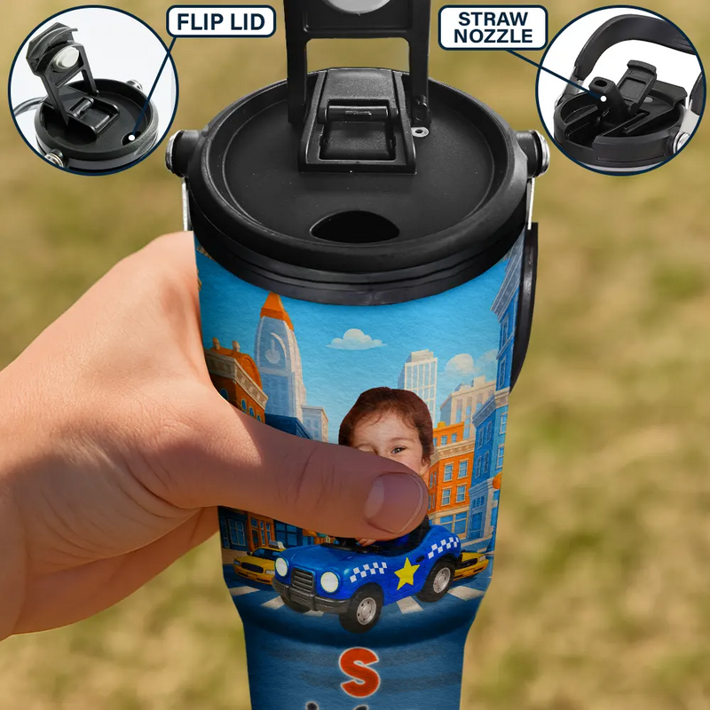 Gift For Kids,Gift For Grandkids,Happy,Back To School - Custom Photo Monogram Kid Toy Car - Personalized 30oz Tumbler With Handle