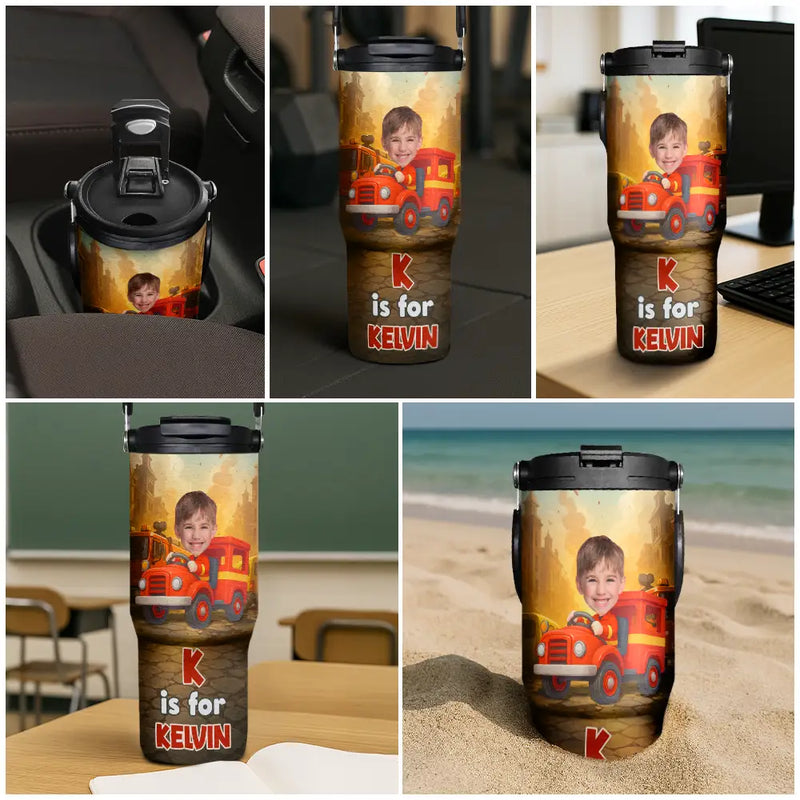 Gift For Kids,Gift For Grandkids,Happy,Back To School - Custom Photo Monogram Kid Toy Car - Personalized 30oz Tumbler With Handle