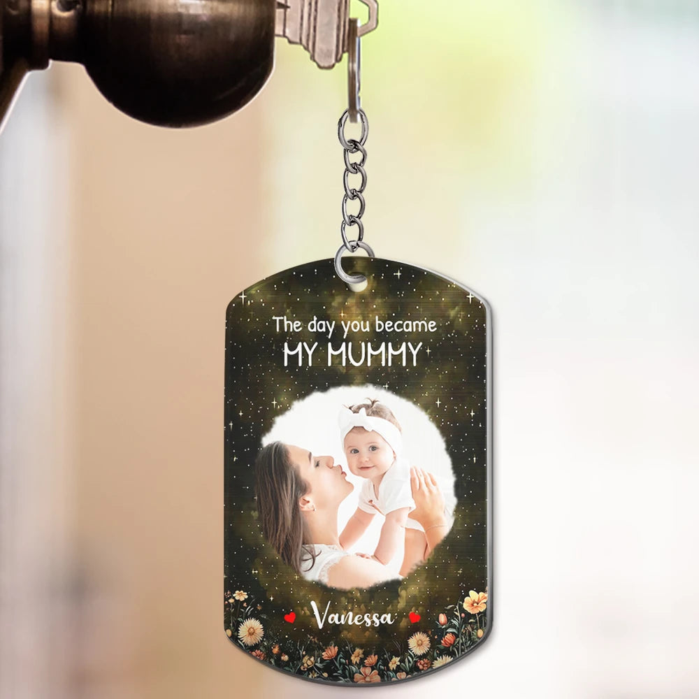 Custom Photo,New Dad,New Mom,New baby,Photo,Moon Phase - Custom Photo Moon Phase The Day You Became My Mom - Personalized Aluminum Keychain