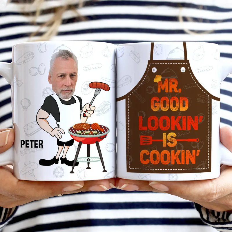 Gift For Father, Gift For Grandpa, Grilling, Funny, Custom Photo - Custom Photo Mr. Good Looking Is Cooking Grilling Apron - Personalized White Edge-to-Edge Mug