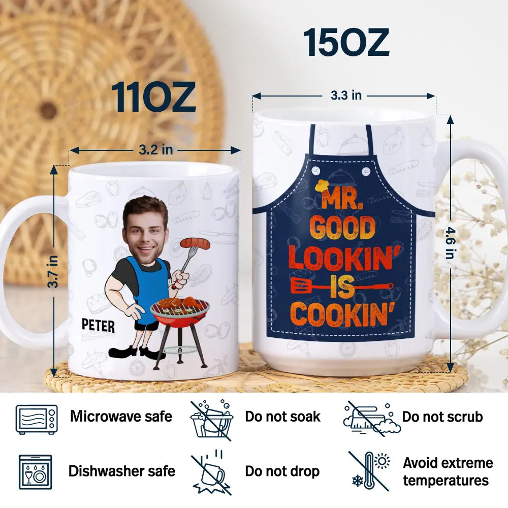 Gift For Father, Gift For Grandpa, Grilling, Funny, Custom Photo - Custom Photo Mr. Good Looking Is Cooking Grilling Apron - Personalized White Edge-to-Edge Mug