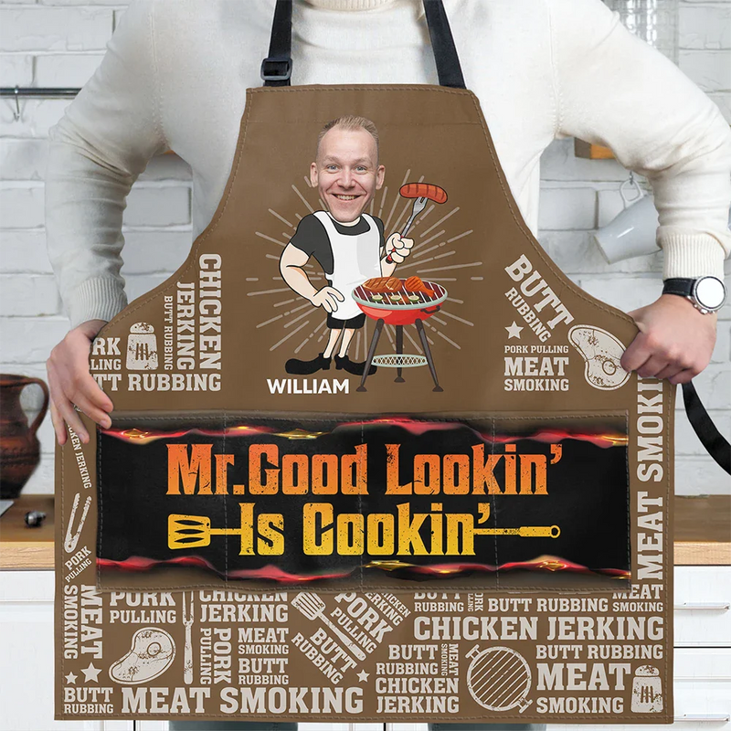Gift For Father, Gift For Grandpa, Grilling, Funny, Custom Photo - Custom Photo Mr. Good Looking Is Cooking Meat Smocking Grilling - Personalized Apron