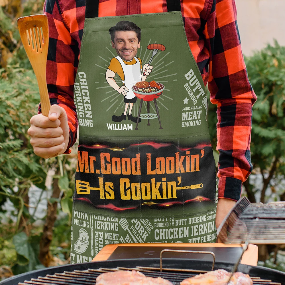 Gift For Father, Gift For Grandpa, Grilling, Funny, Custom Photo - Custom Photo Mr. Good Looking Is Cooking Meat Smocking Grilling - Personalized Apron