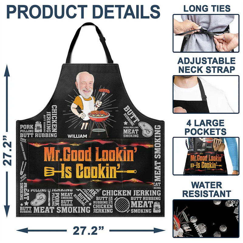 Gift For Father, Gift For Grandpa, Grilling, Funny, Custom Photo - Custom Photo Mr. Good Looking Is Cooking Meat Smocking Grilling - Personalized Apron