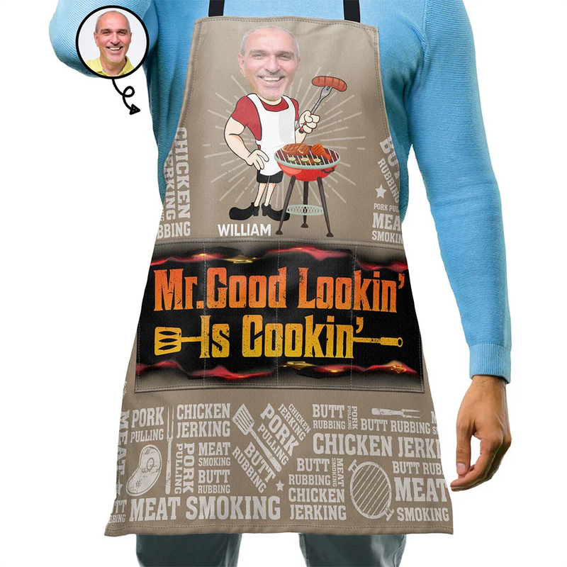 Gift For Father, Gift For Grandpa, Grilling, Funny, Custom Photo - Custom Photo Mr. Good Looking Is Cooking Meat Smocking Grilling - Personalized Apron