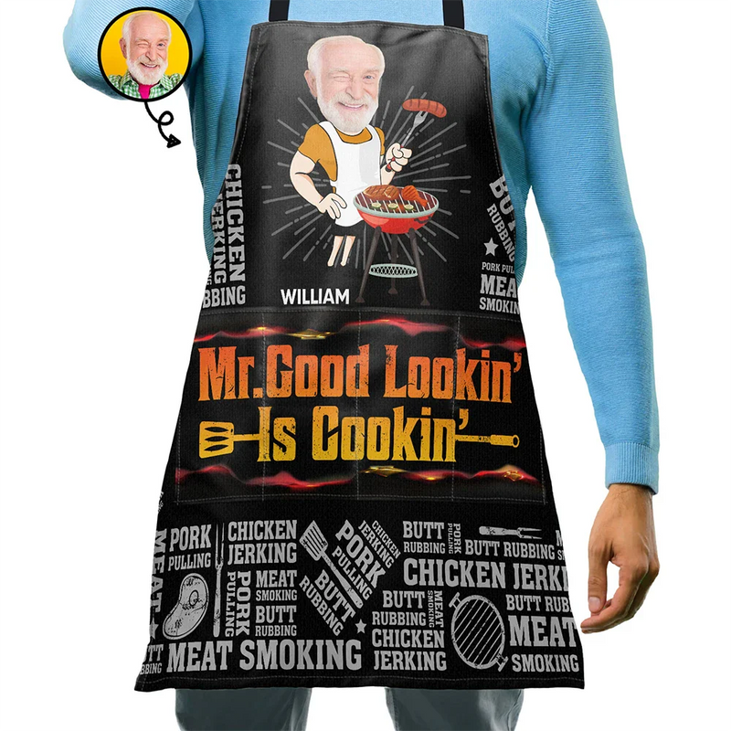 Gift For Father, Gift For Grandpa, Grilling, Funny, Custom Photo - Custom Photo Mr. Good Looking Is Cooking Meat Smocking Grilling - Personalized Apron