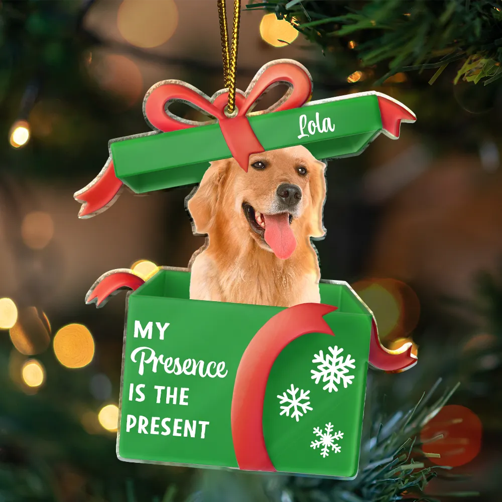 Pet Lovers, Cat Lovers, Dog Lovers, Funny, Christmas - Custom Photo My Presence Is The Present - Personalized Custom Shaped Acrylic Ornament
