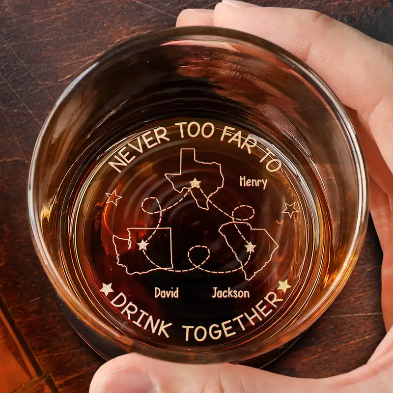Custom Photo, Family, Gift For Brothers, Gift For Bestie, Happy, Gift For Sibling - Custom Photo Never Too Far To Drink Together - Personalized Engraved Whiskey Glass