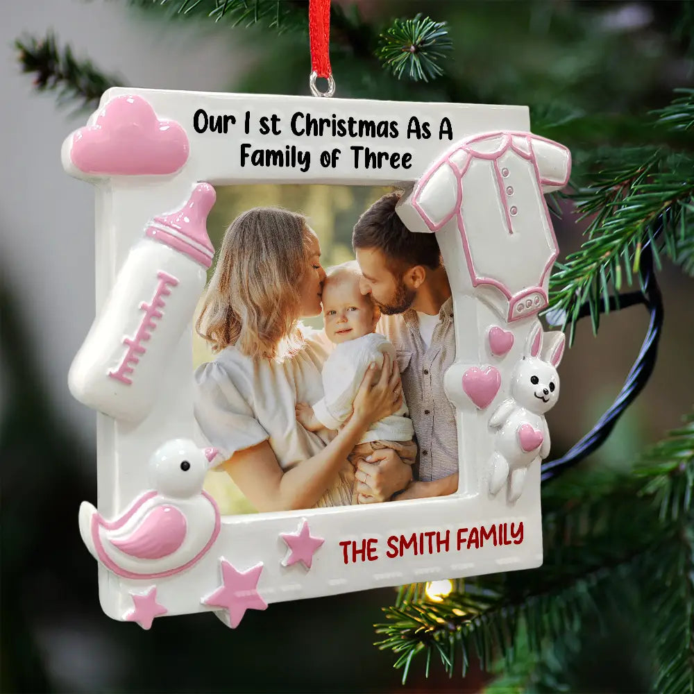 New baby, Custom Photo, Christmas, Happy - Custom Photo New Baby First Christmas As A Family Of Four - Personalized Embossed Ceramic Ornament