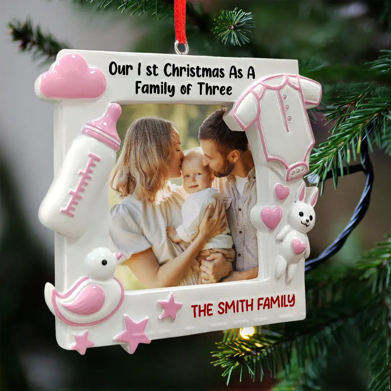 New baby, Custom Photo, Christmas, Happy - Custom Photo New Baby First Christmas As A Family Of Four - Personalized Embossed Ceramic Ornament