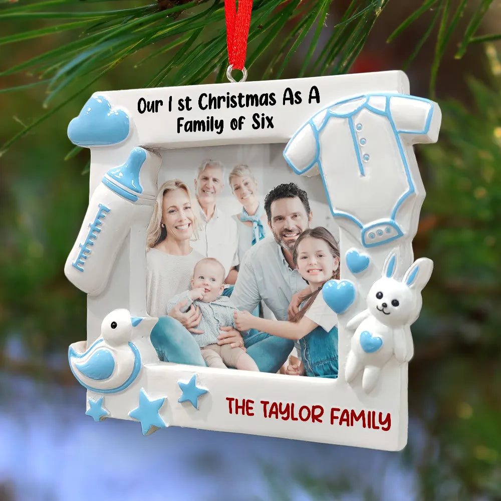 New baby, Custom Photo, Christmas, Happy - Custom Photo New Baby First Christmas As A Family Of Four - Personalized Embossed Ceramic Ornament