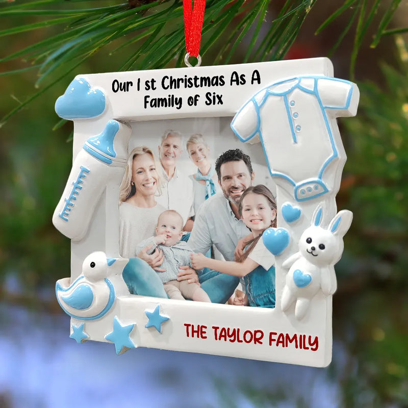 New baby, Custom Photo, Christmas, Happy - Custom Photo New Baby First Christmas As A Family Of Four - Personalized Embossed Ceramic Ornament