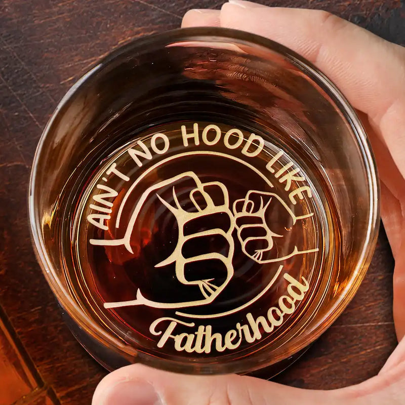 Gift For Father,Gift For Grandpa - Custom Photo No Hood Like Fatherhood - Personalized Engraved Whiskey Glass