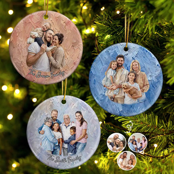 Art Design,Sentimental,Christmas,Family,Photo - Oil Painting - Custom Photo Oil Painting Happy Family Together - Personalized Circle Ceramic Ornament