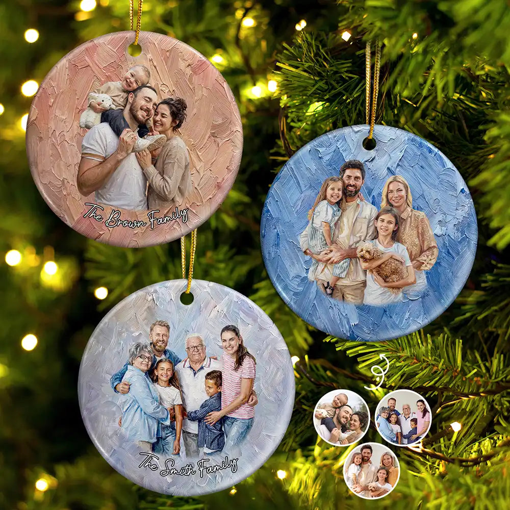 Custom Photo Oil Painting Happy Family Together - Personalized Circle Ceramic Ornament