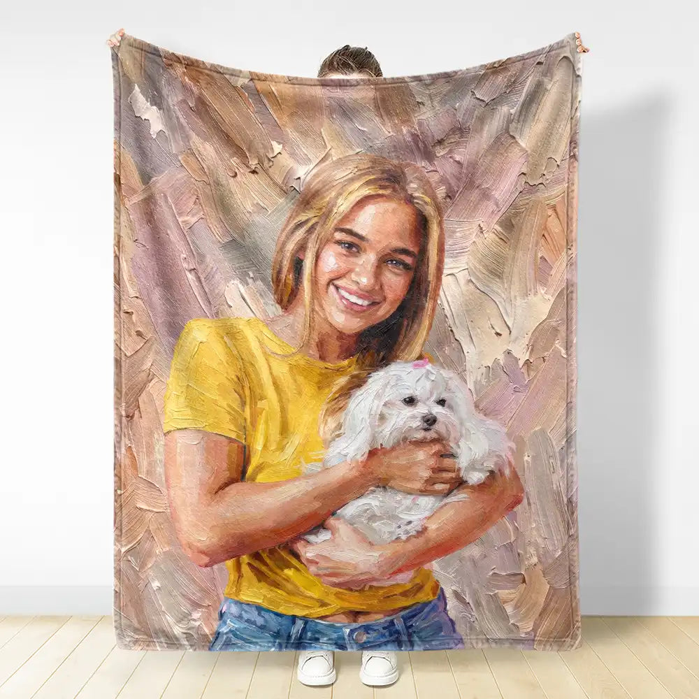 Art Design, Playful, Pet Lovers, Photo - Oil Painting - Custom Photo Oil Painting Pet Dog Cat Portrait - Personalized Fleece Blanket, Sherpa Blanket