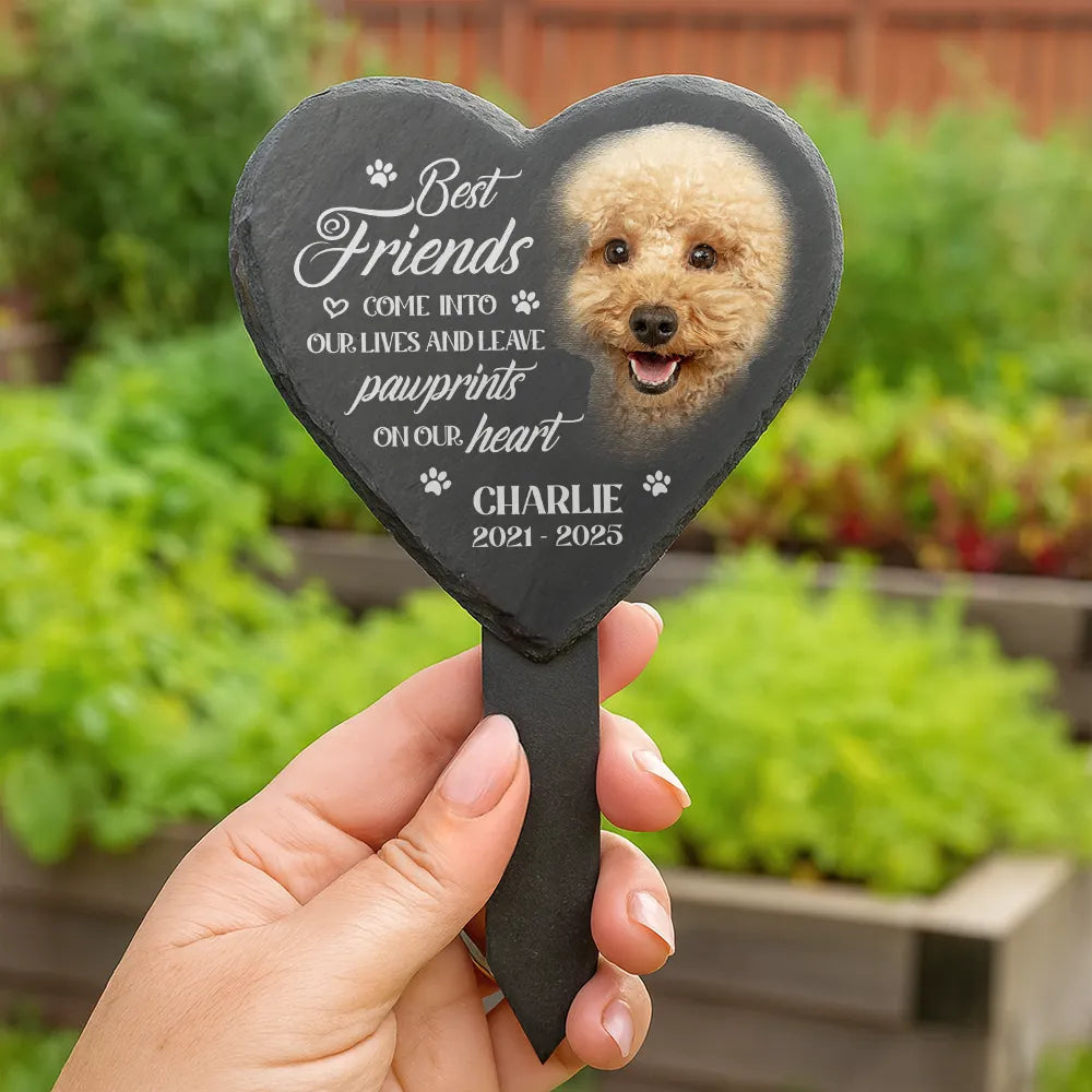 Memorial,Custom Photo,Pet Lovers,Pet Mom,Pet Dad,Dog Lovers,Dog Mom,Dog Dad,Cat Lovers,Cat Mom,Cat Dad,Sad - Custom Photo Once By My Side Forever In My Heart - Personalized Heart Slate Garden Stake