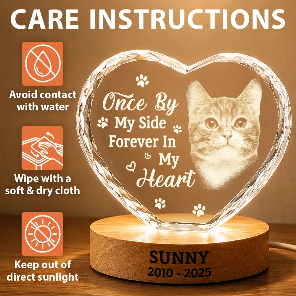 Pet Lovers,Cat Lovers,Dog Lovers,Sad,Memorial - Custom Photo Once By My Side Forever In My Heart Memorial Dog Cat - Personalized Crystal Heart Shaped Lamp
