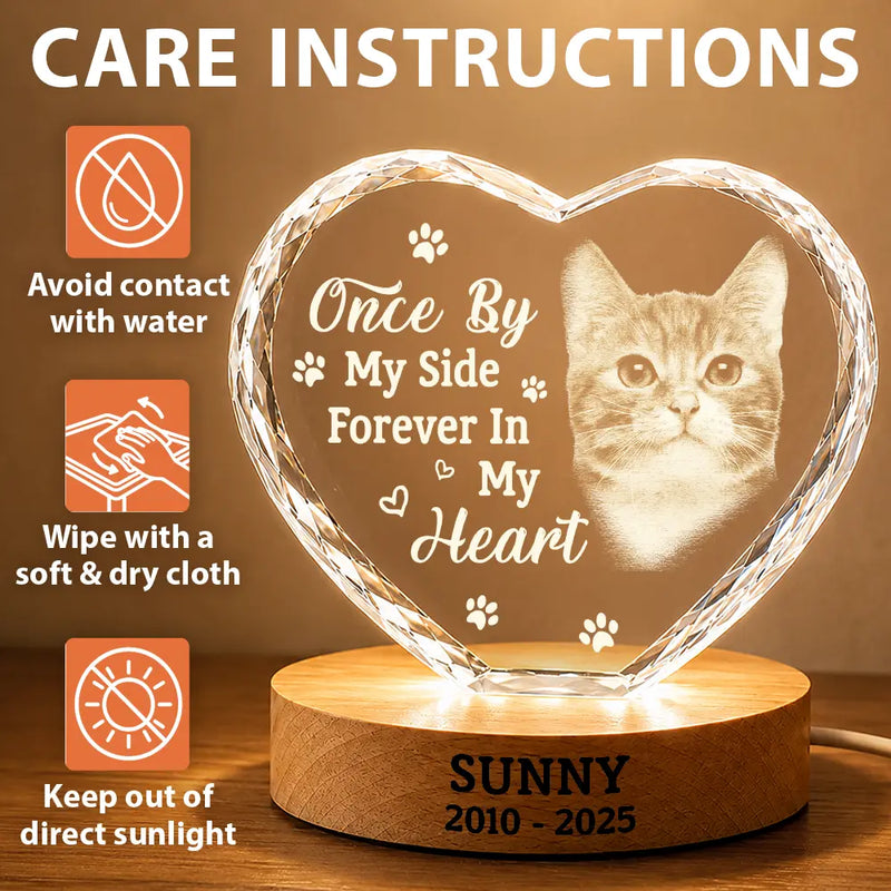 Pet Lovers,Cat Lovers,Dog Lovers,Sad,Memorial - Custom Photo Once By My Side Forever In My Heart Memorial Dog Cat - Personalized Crystal Heart Shaped Lamp
