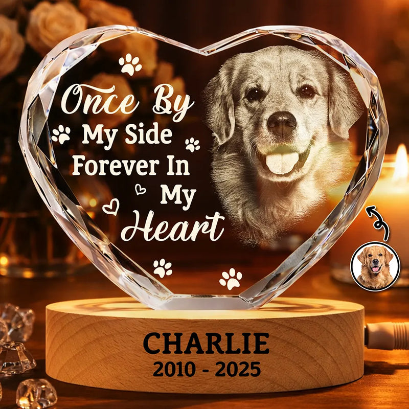 Pet Lovers,Cat Lovers,Dog Lovers,Sad,Memorial - Custom Photo Once By My Side Forever In My Heart Memorial Dog Cat - Personalized Crystal Heart Shaped Lamp