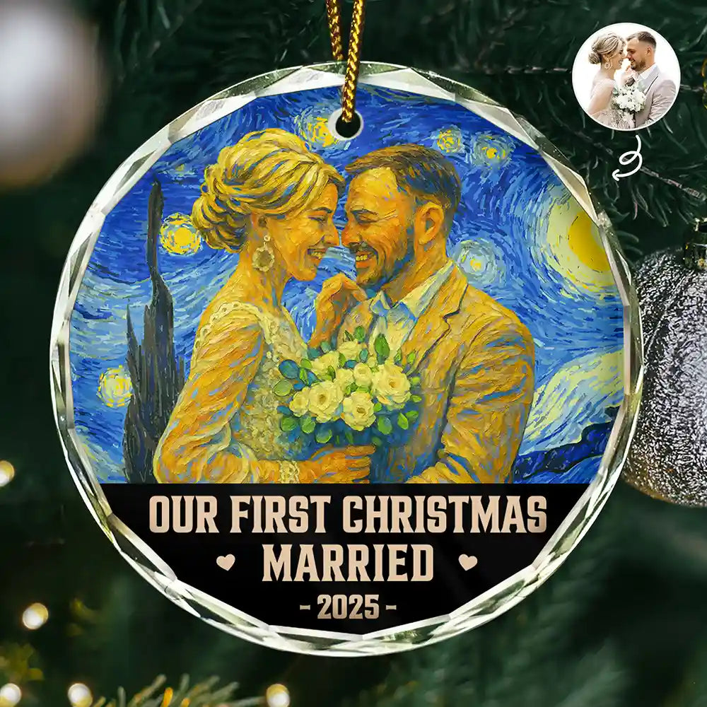 Custom Photo Our First Christmas Married - Personalized Circle Glass Ornament
