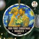 Old Couples, Gift For Couples, Gift For Husband, Gift For Wife, Gift For Boyfriend, Gift For Girlfriend, Love, Christmas - Custom Photo Our First Christmas Married - Personalized Circle Glass Ornament