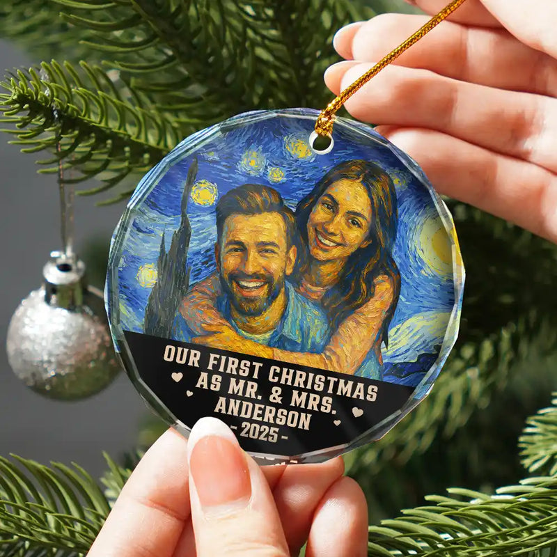 Old Couples, Gift For Couples, Gift For Husband, Gift For Wife, Gift For Boyfriend, Gift For Girlfriend, Love, Christmas - Custom Photo Our First Christmas Married - Personalized Circle Glass Ornament