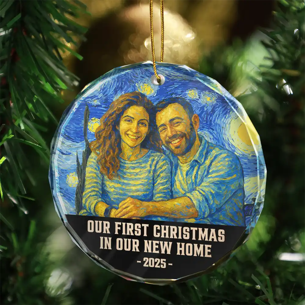Old Couples, Gift For Couples, Gift For Husband, Gift For Wife, Gift For Boyfriend, Gift For Girlfriend, Love, Christmas - Custom Photo Our First Christmas Married - Personalized Circle Glass Ornament