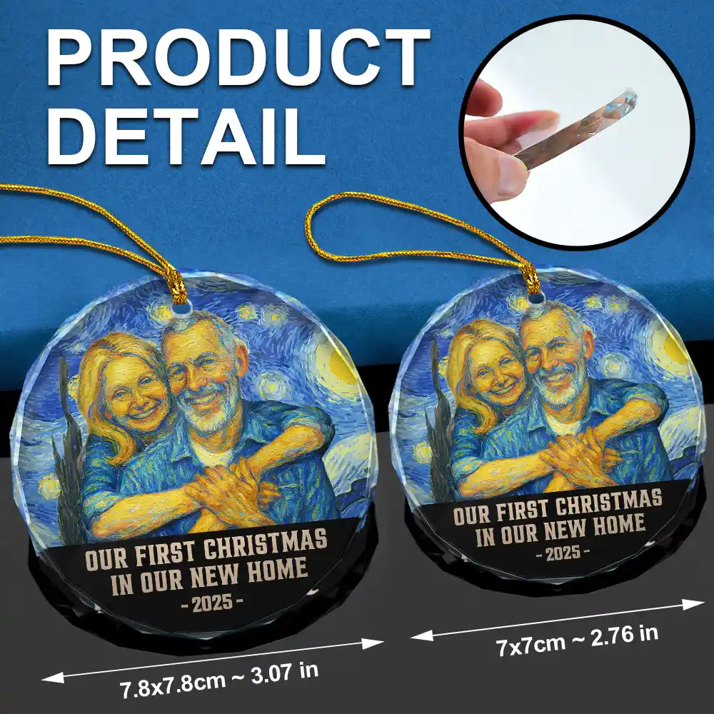 Old Couples, Gift For Couples, Gift For Husband, Gift For Wife, Gift For Boyfriend, Gift For Girlfriend, Love, Christmas - Custom Photo Our First Christmas Married - Personalized Circle Glass Ornament