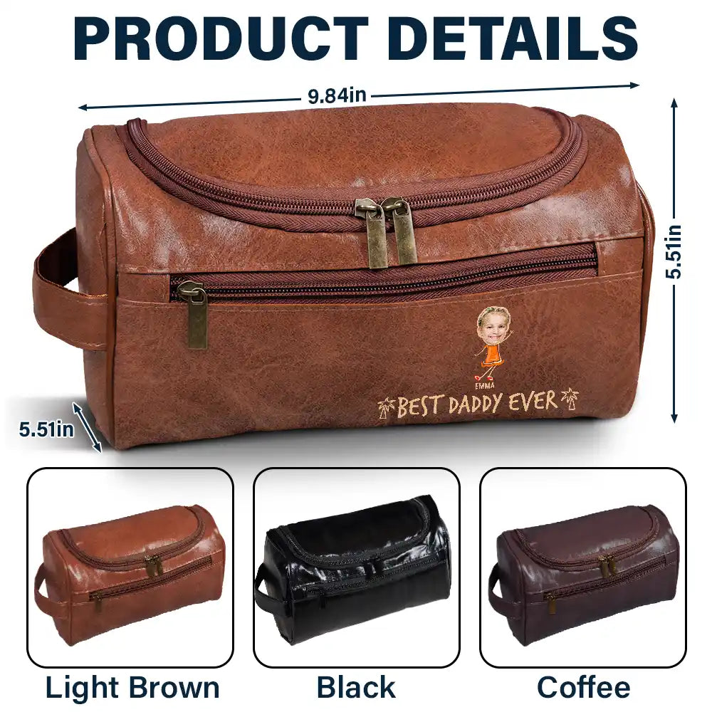 Gift For Husband,Gift For Yourself,Gift For Men,Gift For Grandpa,Gift For Father,Summer - Custom Photo Outline Best Dad Ever - Personalized Leather Toiletry Bag
